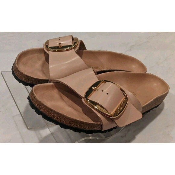 Wmn's Birkenstock Madrid Big Buckle Slide Sandals In Natural Leather Patent 40/9 - Picture 9 of 15